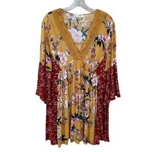 Umgee Red Gold Floral Peasant Babydoll Crochet Rayon Flared Sleeve Dress Size L